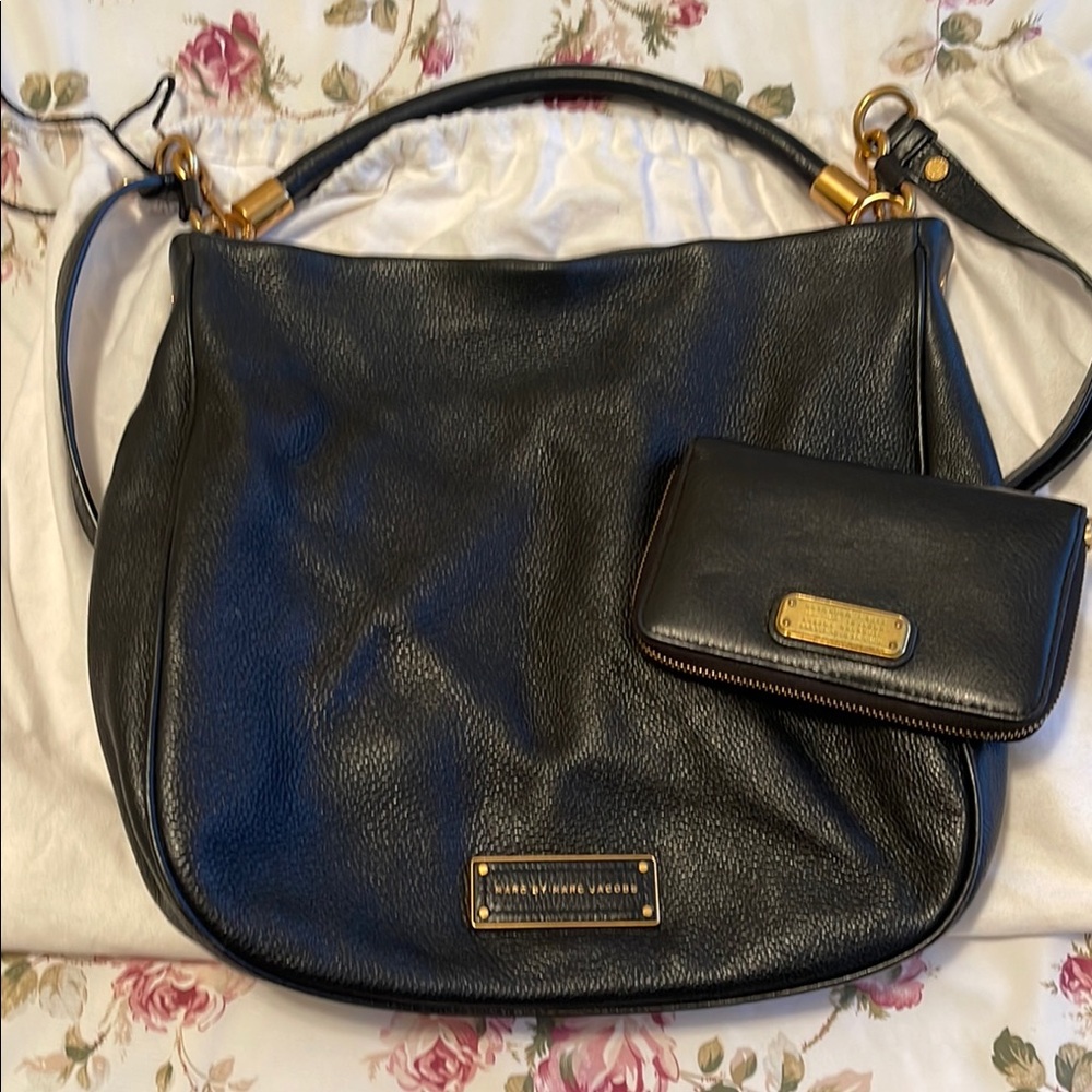 Marc By Marc Jacobs Black Leather Shoulder Bag and Wallet with Gold Accents